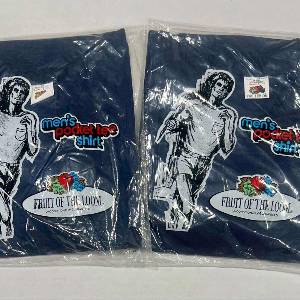 Two Vintage NOS 70s 80s Deadstock
FRUIT OF THE LOOM Men's
Pocket Tee Small Blue